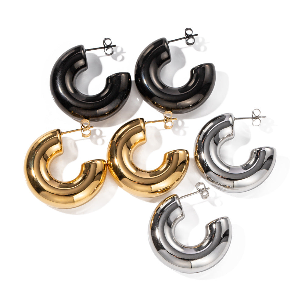 Ins Style Geometric Circle Shape 18K Gold Plated Stainless Steel Hollow Thick C-Shaped Stud Earrings for Women