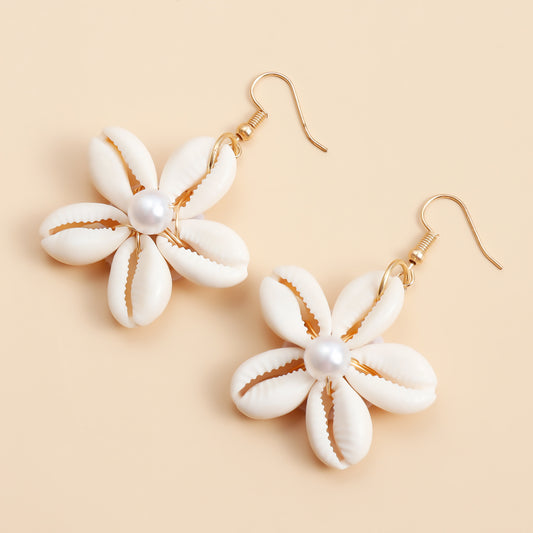 Pendientes colgantes de flor de concha tejidos a mano para mujer con forma geométrica, acabado galvanizado, estilo playero natural