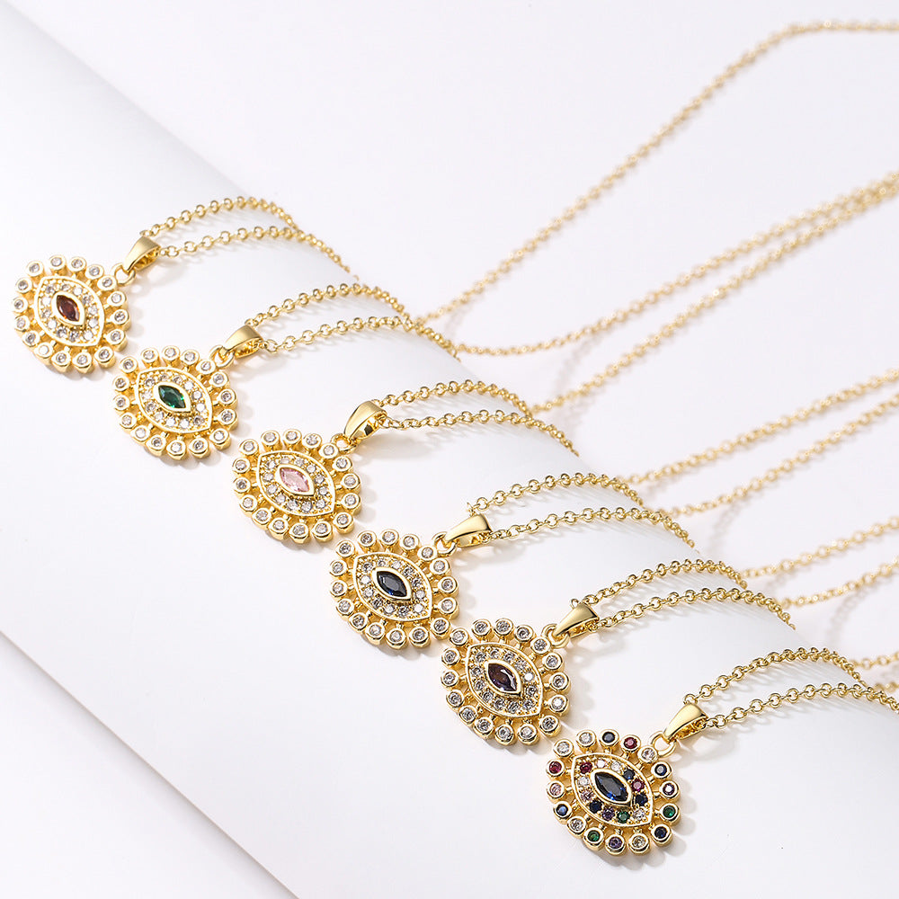 Minimalist Geometric Evil Eye Pendant Necklace for Women in Brass with Gold Plating and Multicolor Zircon Inlay