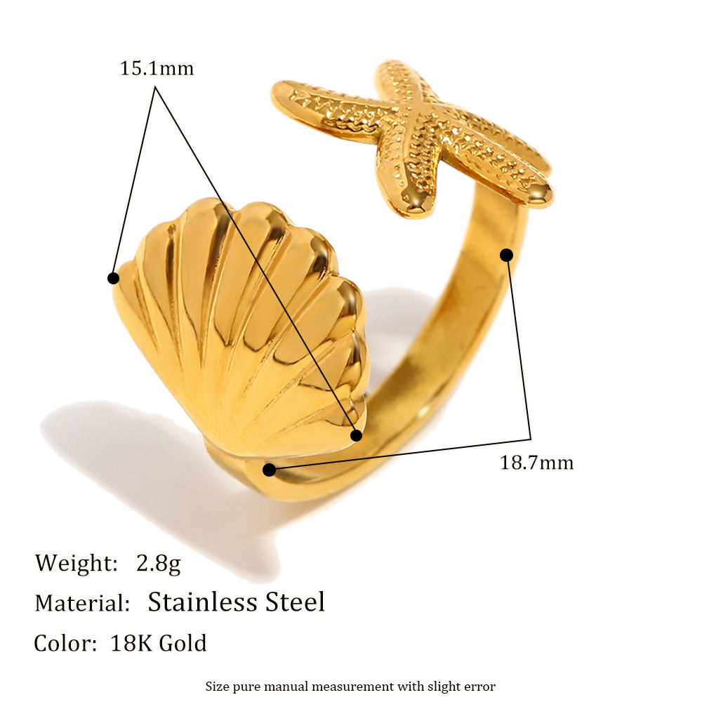 Fashion Star-Shaped Stainless Steel Ring with 18K Gold Plating for Women Ocean-Inspired Natural Design