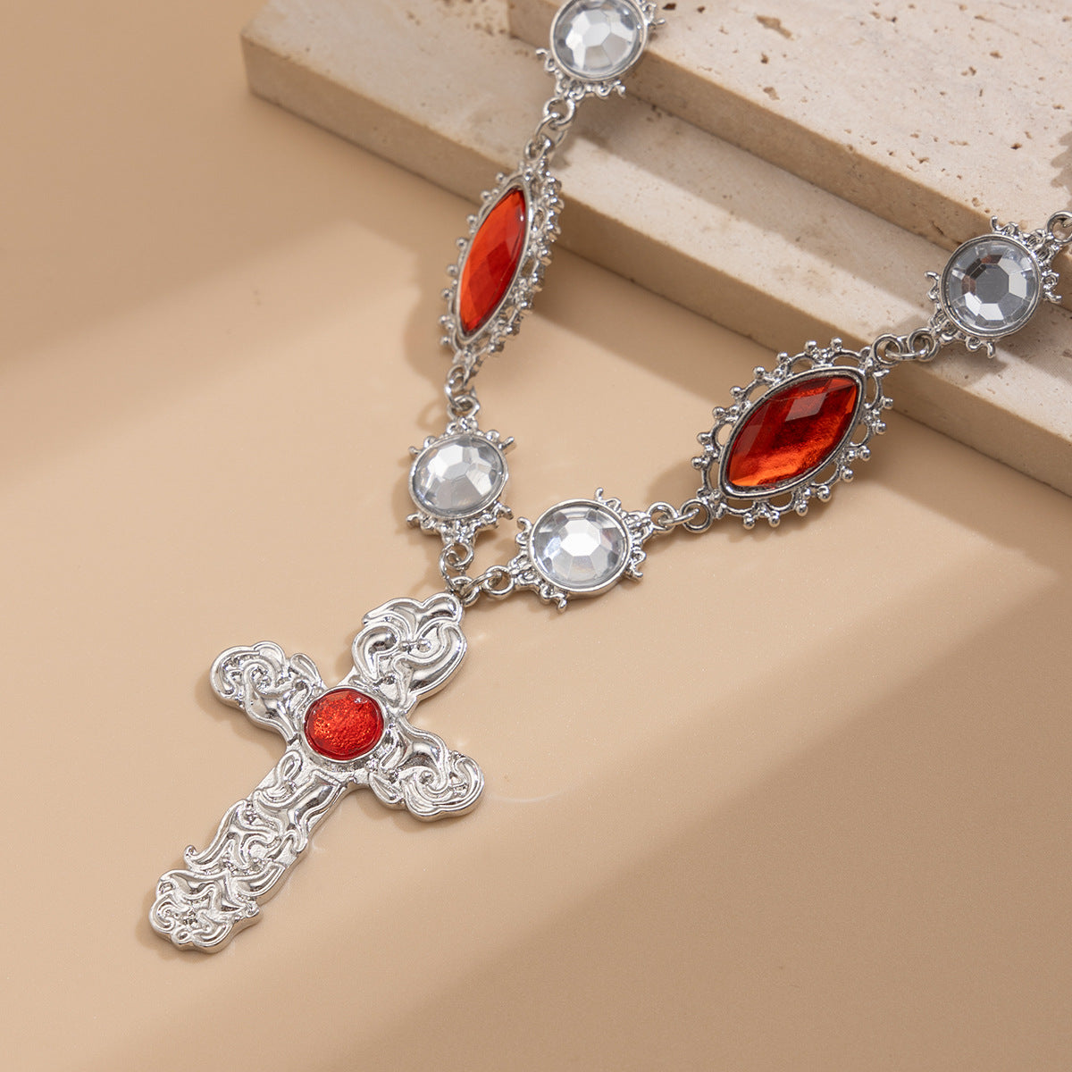 Exaggerated Cross Pendant Necklace for Women in Alloy with Rhinestone Inlay and Lava-Like Liquid Metal Design