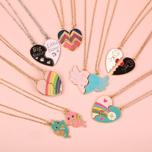 Minimalist Heart-Shaped Enamel Alloy Necklace with Cross Chain for Kids and Teens