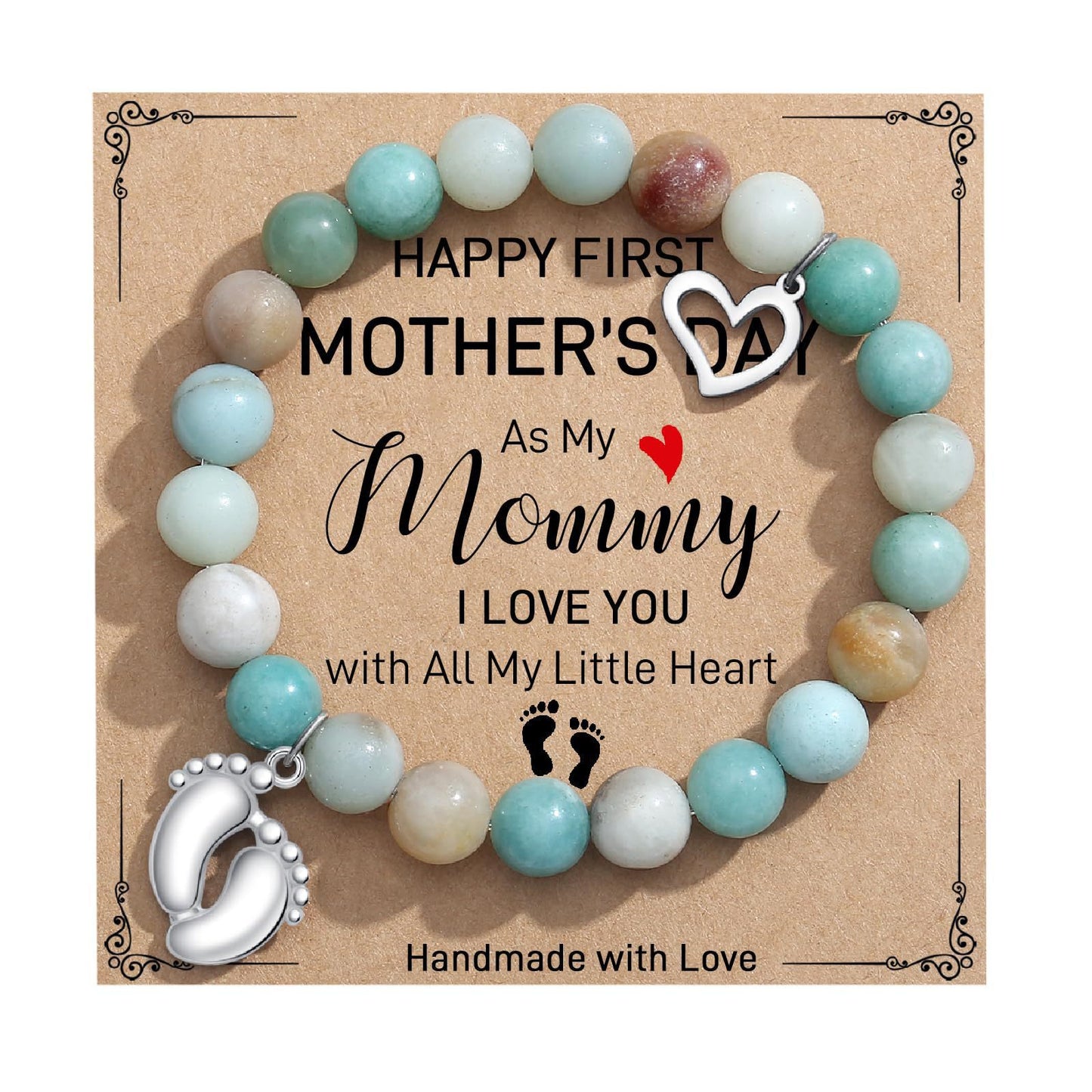 8mm Pink Zebra Agate and Imperial Turquoise Floral Heart Bracelet with Gemstone Inlay Unisex Handmade Jewelry
