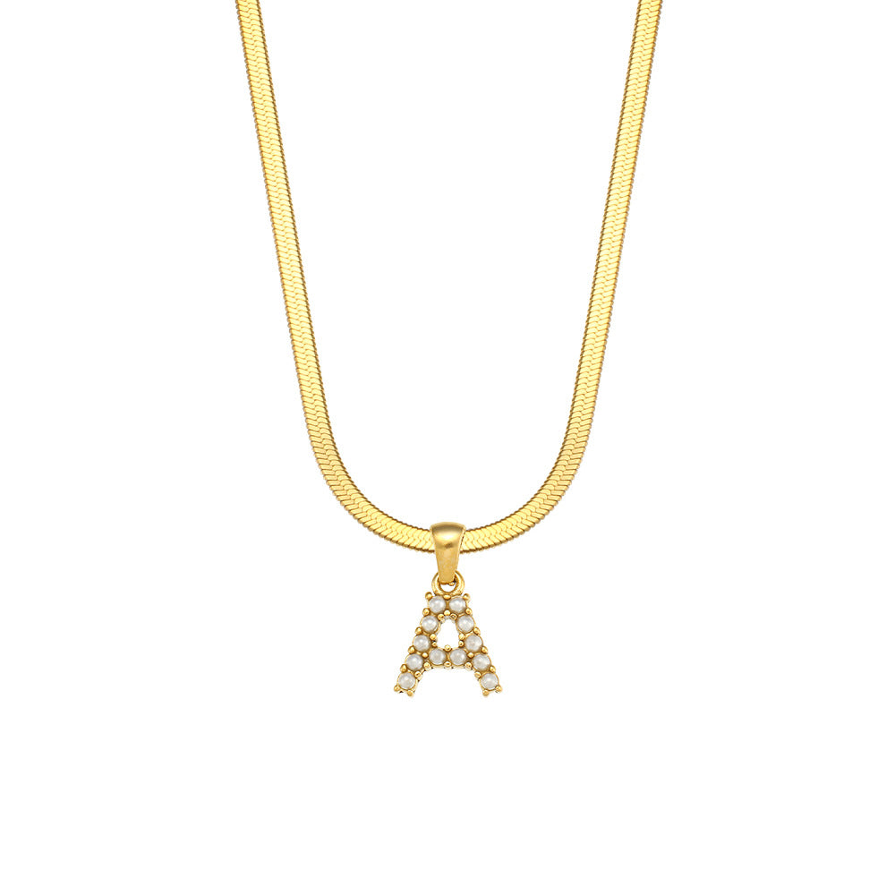 Fashionable Letter Pendant Necklace for Women Stainless Steel Plated 18K Gold Flat Snake Chain with Pearl Accent