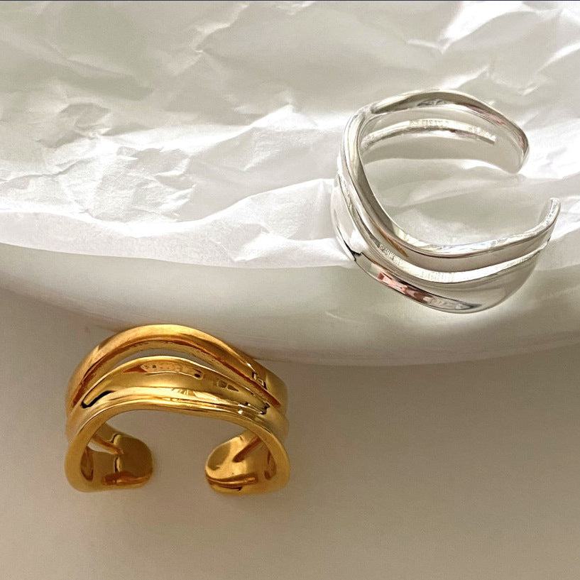 Minimalist 925 Sterling Silver Geometric Wavy Curve Ring for Women
