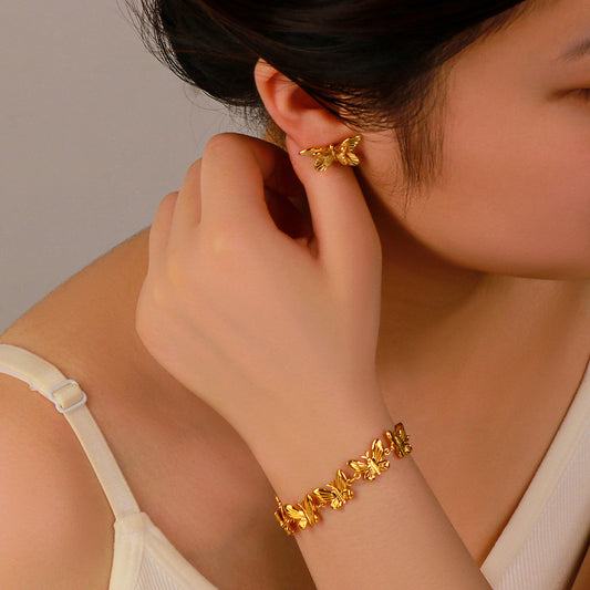 Vintage Style Butterfly-Shaped Stainless Steel Bracelet and Earrings Set with 18K Gold Plating Minimalist Luxury Jewelry