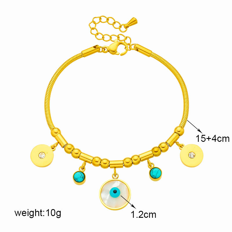 Vintage Style Round Blue-Eye Turquoise Pendant on Titanium Steel Plated Bracelet for Women