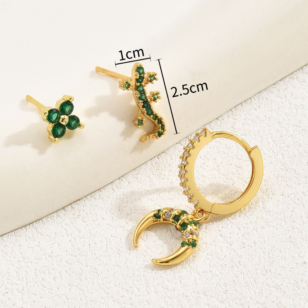 Pendientes de Cobre con Forma de Luna Creciente y Gecko, Engastados con Zirconia, para Mujer, con Postes de Acero Inoxidable