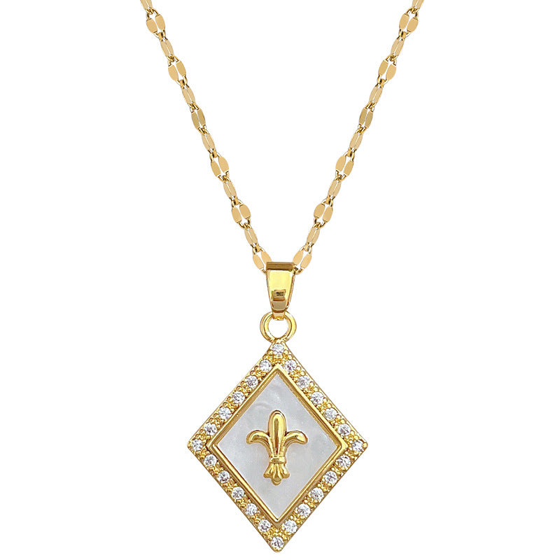 Minimalist Geometric Rhinestone-Embellished Titanium Steel Necklace for Women with Delicate Shell and Diamond-Like Zircon Accents