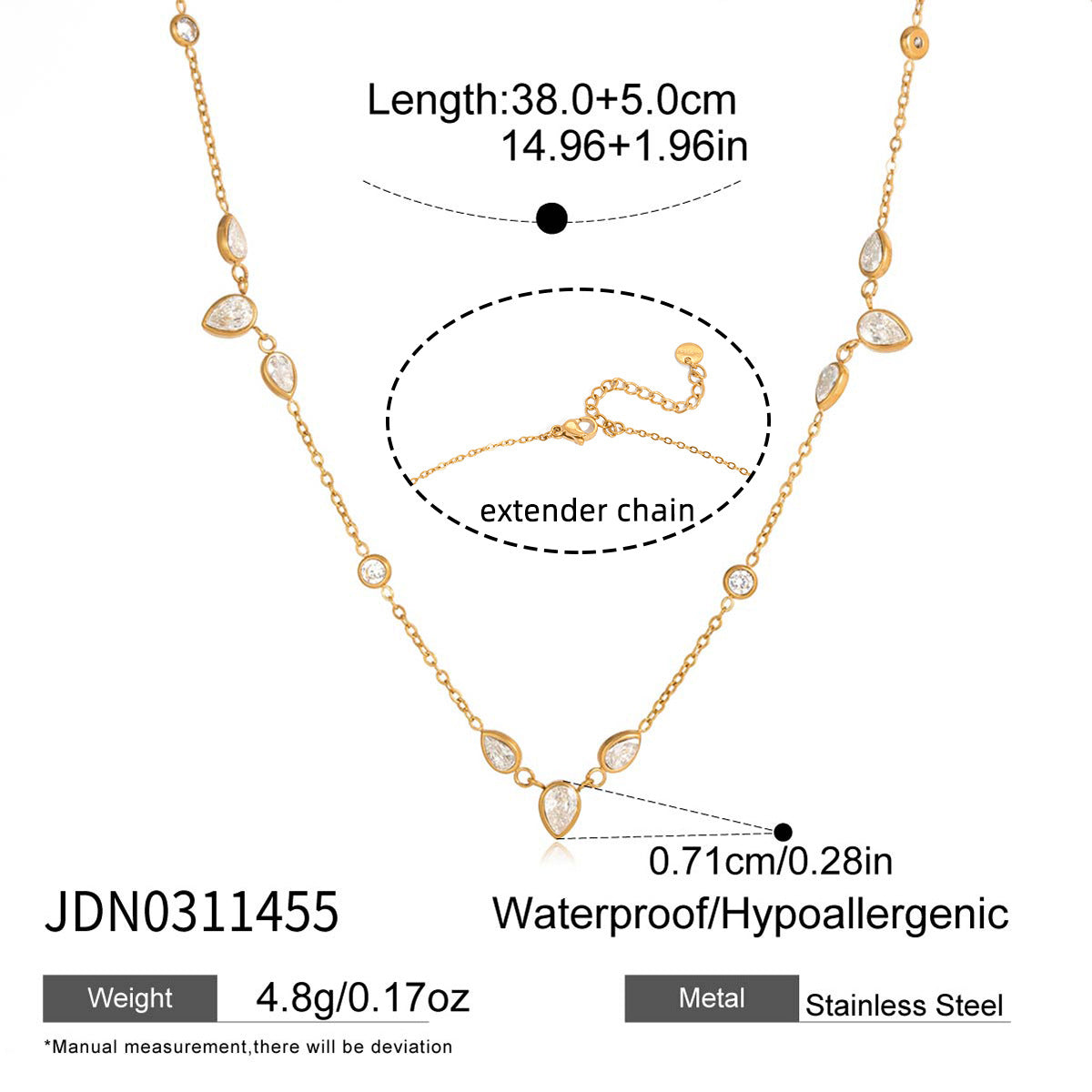 Elegant 18K Gold Plated Geometric Teardrop Cubic Zirconia Stainless Steel Pendant Necklace for Women