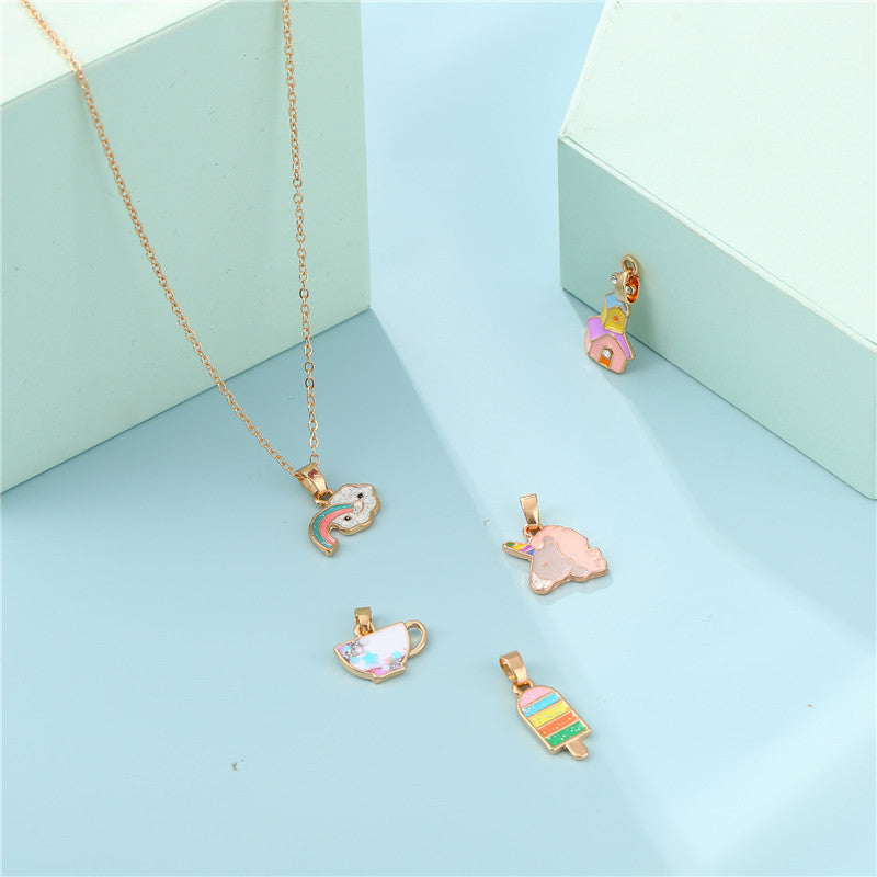 Sweet Cartoon Animal Drip Oil Alloy Charm Bar Necklace with Curb Chain for Kids