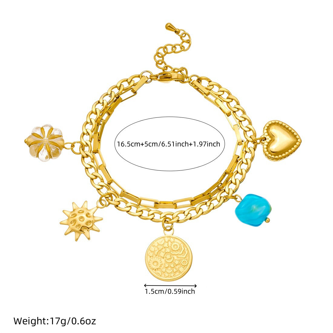 Minimalist Elegant Floral Heart Geometric Plated Stainless Steel Double Layer Bracelet for Women