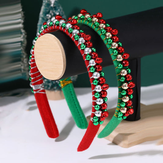 Diadema navideña de cuentas roja y verde con detalle de cascabel para niños, accesorio festivo para el cabello