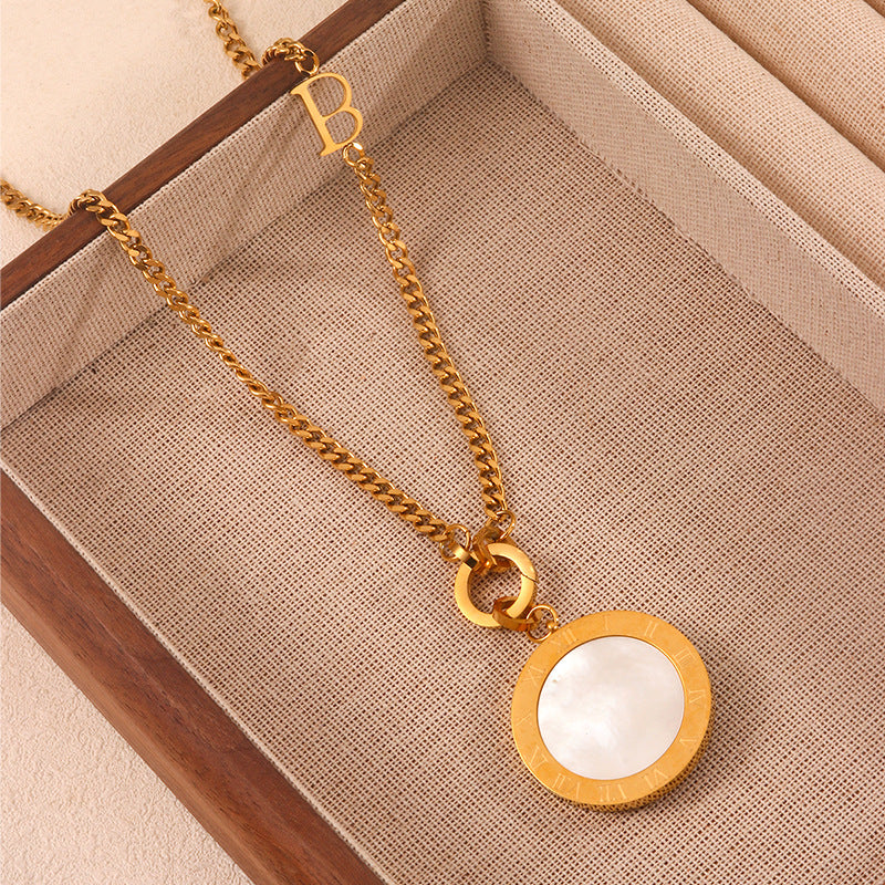 Fashion Business Round Geometric Plated Stainless Steel Pendant Necklace Cuban Link Chain for Women