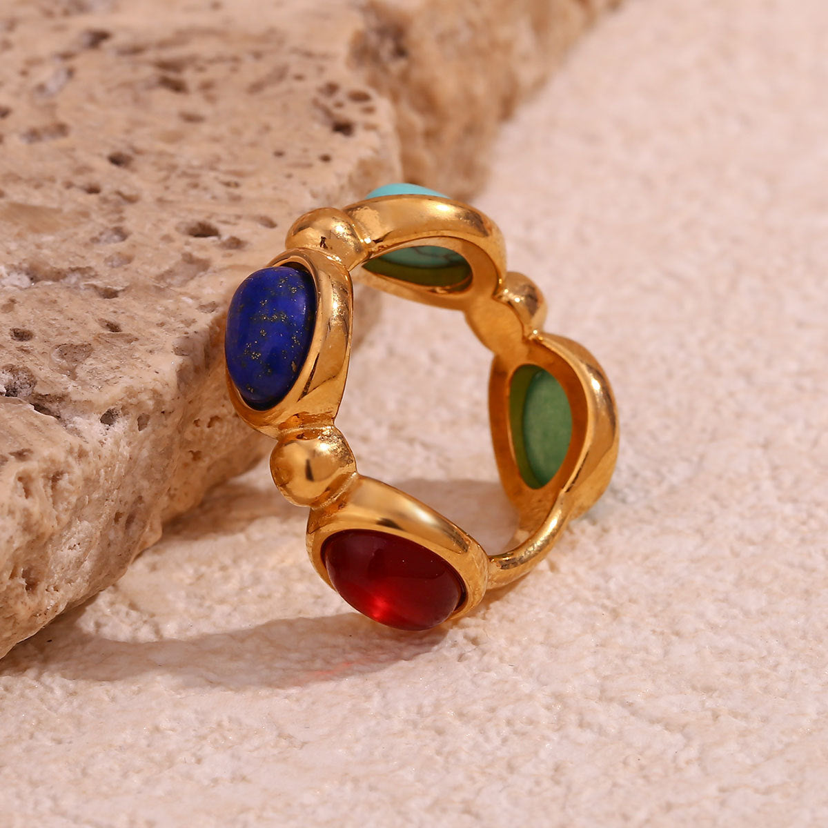 Minimalist Geometric Stainless Steel Ring with 18K Gold Plating and Micro-Paved Natural Colored Stones for Women