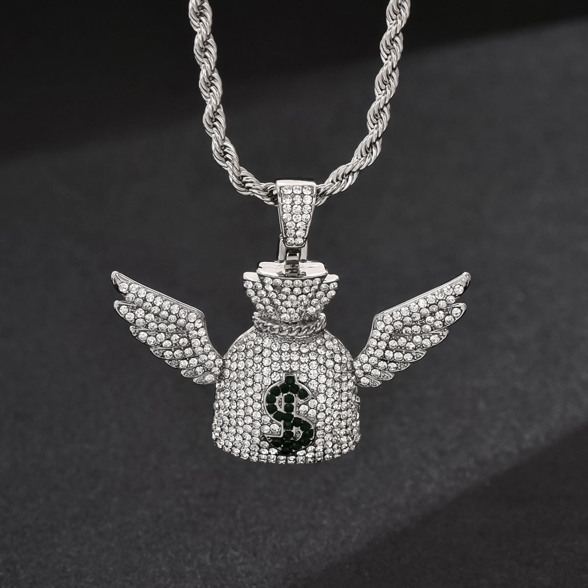 Collana Pendente ad Ala d'Angelo Stile Hip Hop da Uomo in Lega con Intarsi di Strass su Catena Standard