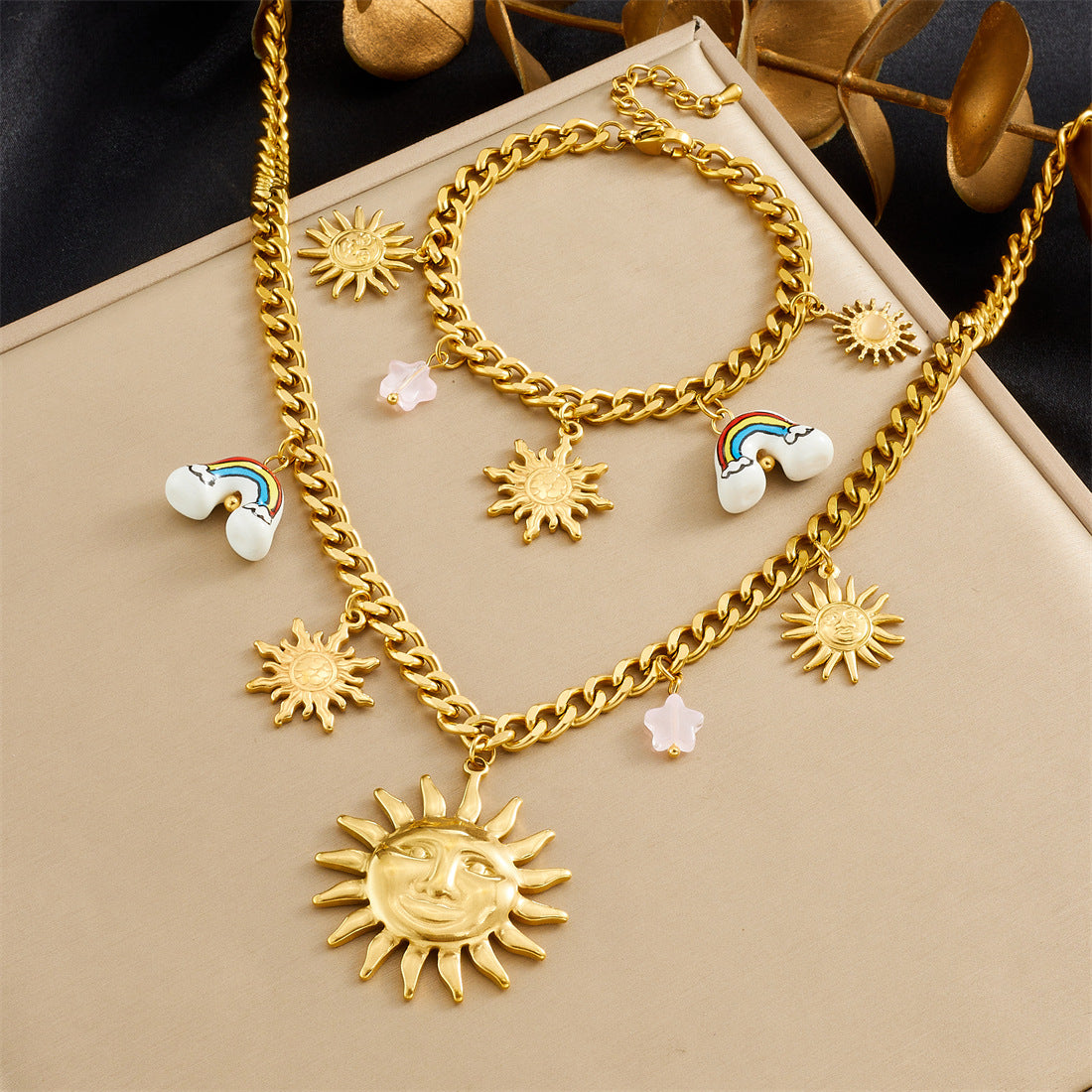 Unique Gold Plated Stainless Steel Moon Star Ceramic Rainbow Pendant Necklace and Bracelet Set for Women
