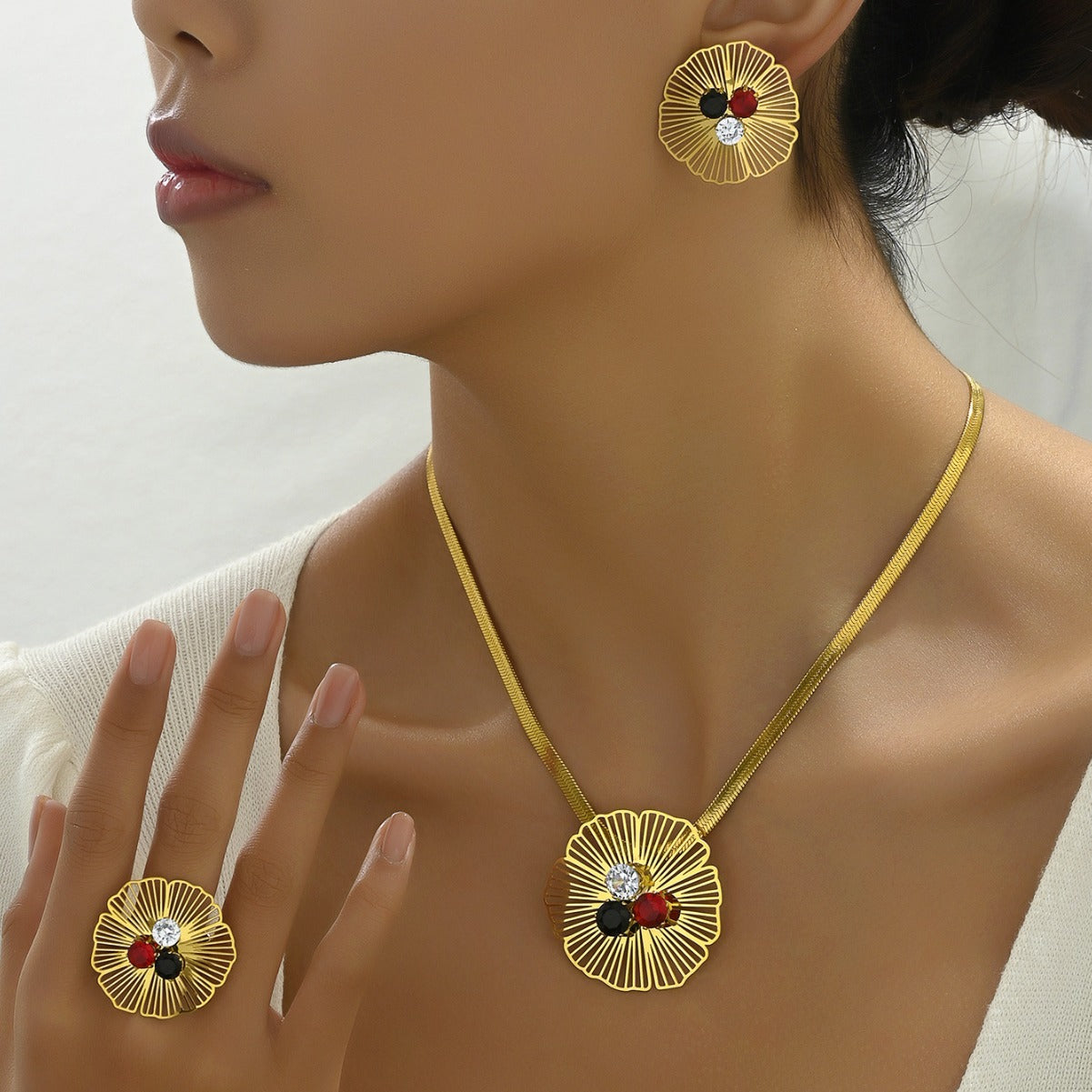 Luxury Floral Pendant Necklace Set with Zircon Inlay Copper Jewelry for Women Including Earrings Necklace and Bracelet
