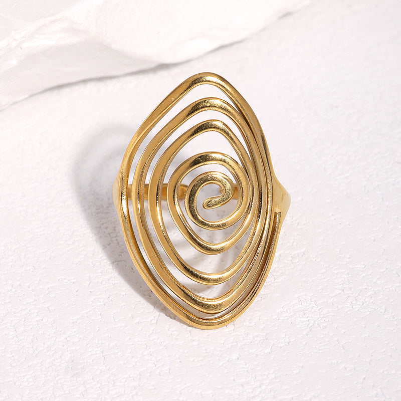Minimalist Geometric Gold Plated Stainless Steel Open Ring with Spiral Line Design