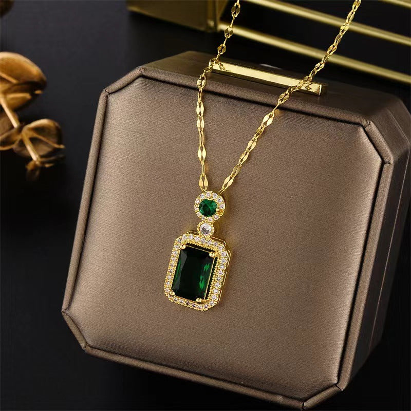 Minimalist Geometric Emerald Zircon Pendant Necklace Set for Women in Titanium Steel with Vacuum Plating
