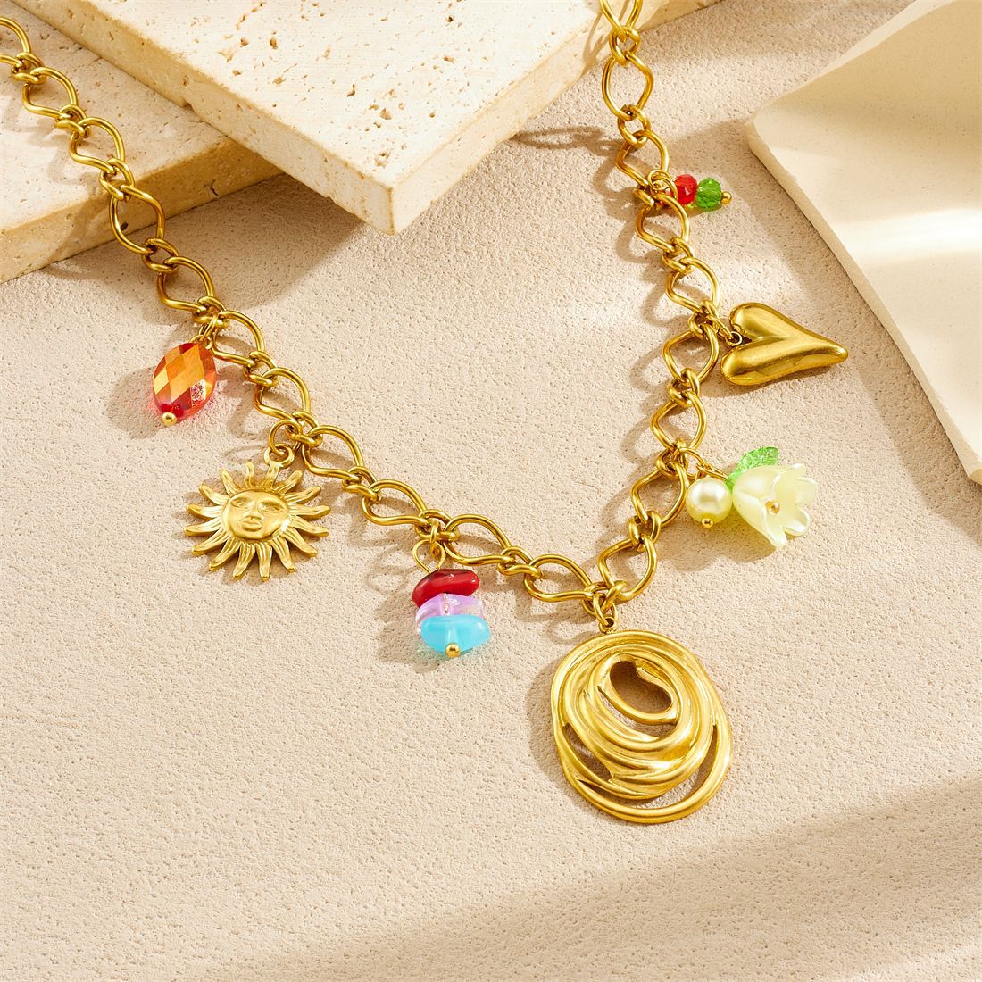 Sweet Minimalist Colorful Acrylic Beaded Lily of the Valley Heart Teardrop Pendant Stainless Steel Plated Cable Chain Jewelry Set for Women