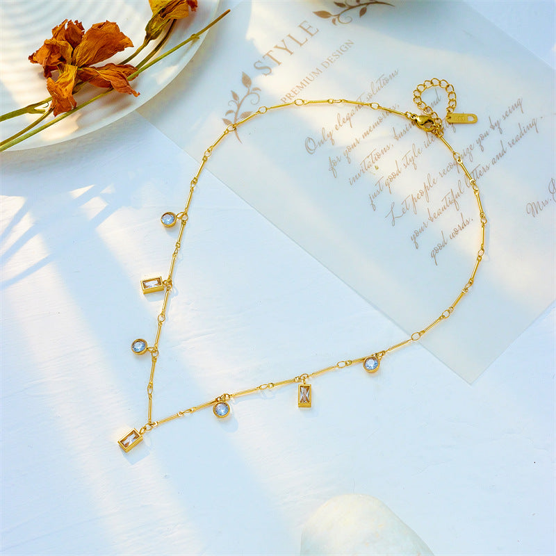 Minimalist Square and Round Rhinestone Pendant Necklace in Titanium Steel with Plated Finish for Women