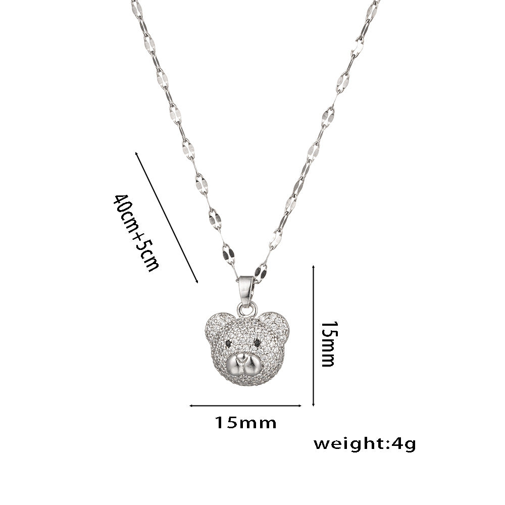 Minimalist Cute Bear Pendant Necklace for Women in Titanium Steel with Rhinestone Accents on O-Chain