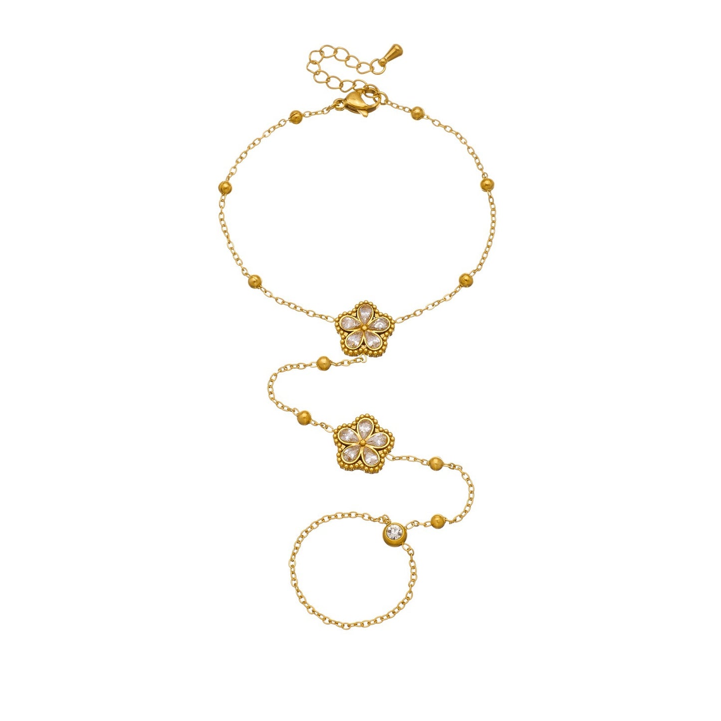 Minimalist Elegant Gold Plated Stainless Steel Floral Rhinestone Hand Chain with Tassel