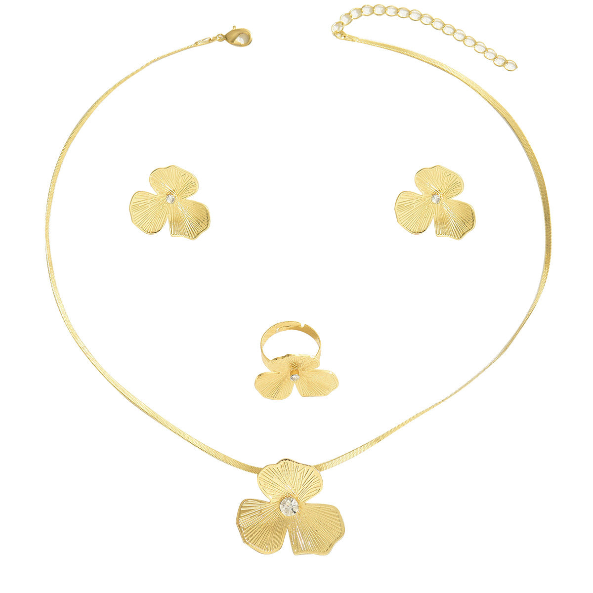 Parure Minimalista da Donna con Collana, Anello e Orecchini a Trifoglio e Motivi Floreali in Rame con Zirconi Incastonati