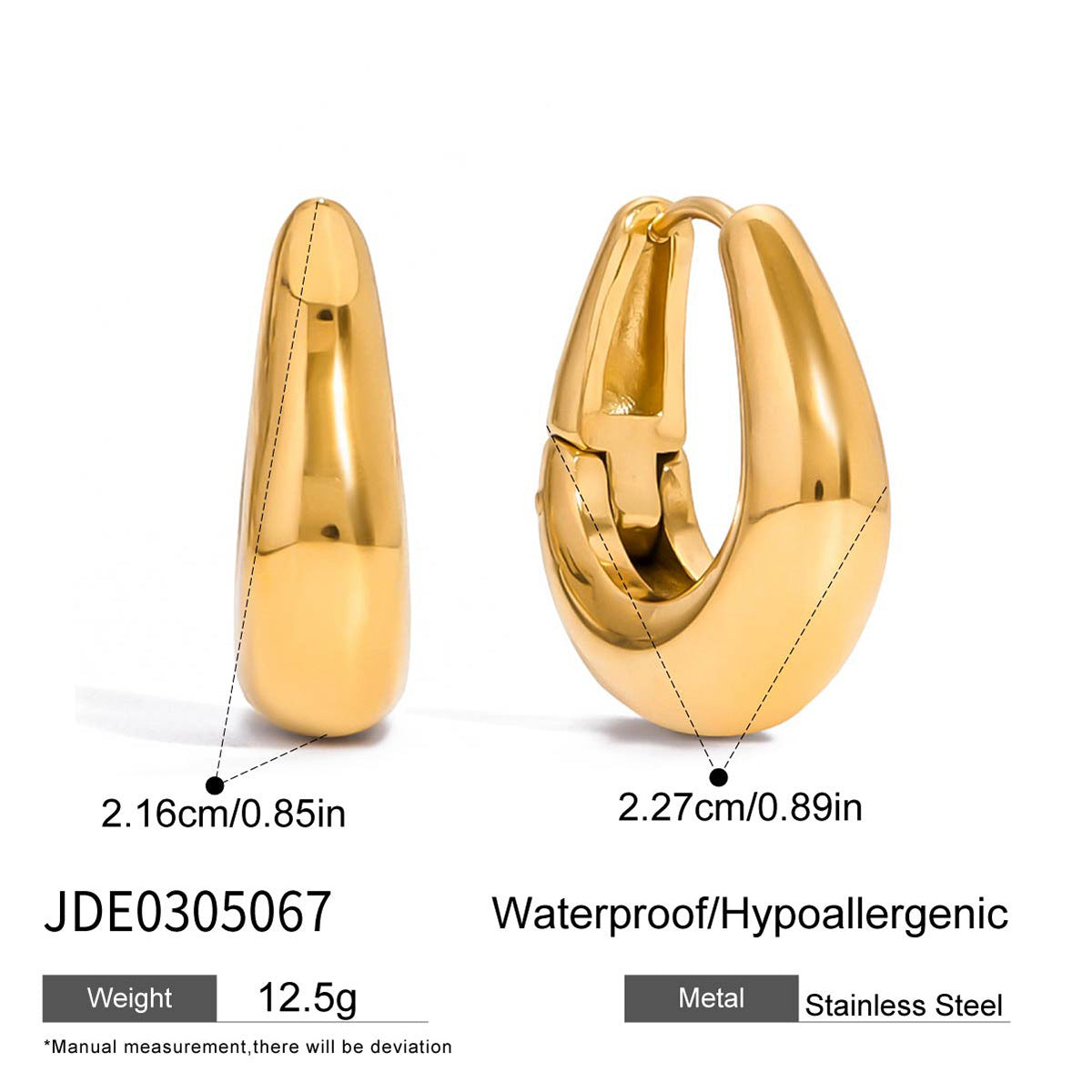 Orecchini geometrici in acciaio inossidabile con placcatura in oro 18 carati da donna, orecchini a cerchio leggeri in stile lussuoso