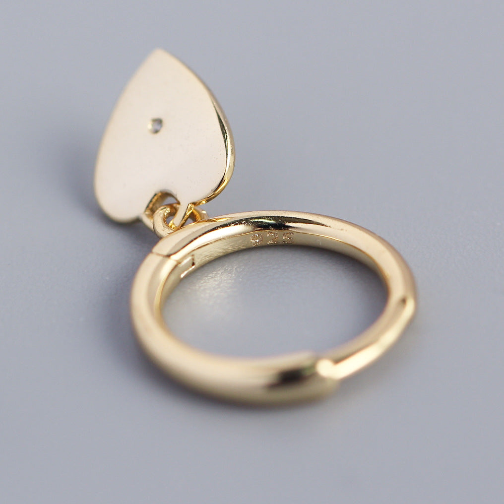 Eleganti orecchini a lobo minimalisti a forma di cuore in argento sterling S925 con intarsio di strass da donna