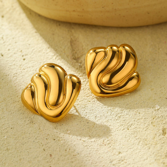 Geometric Square Stainless Steel Earrings with 18K Gold Plating for Women, Fashionable Office-Ready Titanium Steel Studs
