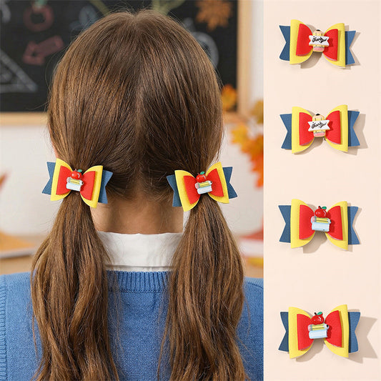 Natural Style Bow-Shaped Hair Clip for Girls Made of Polyester with Ruffled and Mesh Details, Duckbill Hairpin Set for Children Ages 3-10
