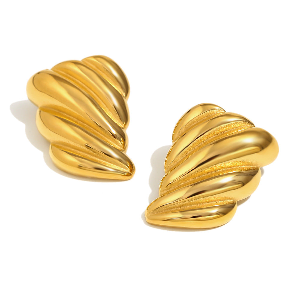 Fashionable Minimalist Geometric Wing Texture Stainless Steel Earrings with 18K Gold Plating for Women