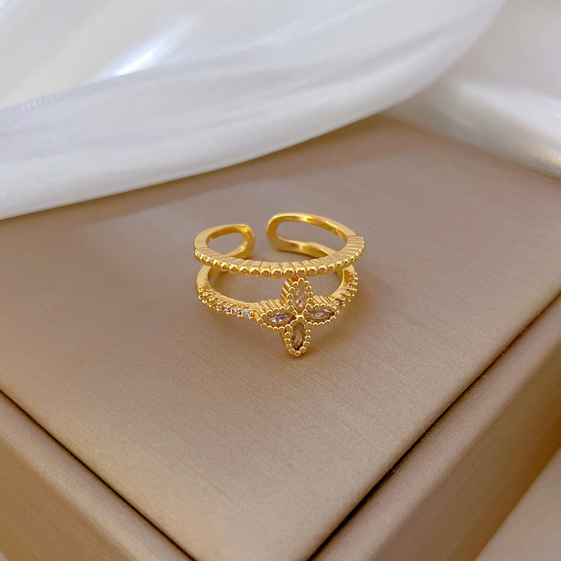 Anello da donna doppio strato placcato oro, lusso minimalista, in ottone con forma a corona, anello da dito impilabile e delicato, dall'estetica neutra