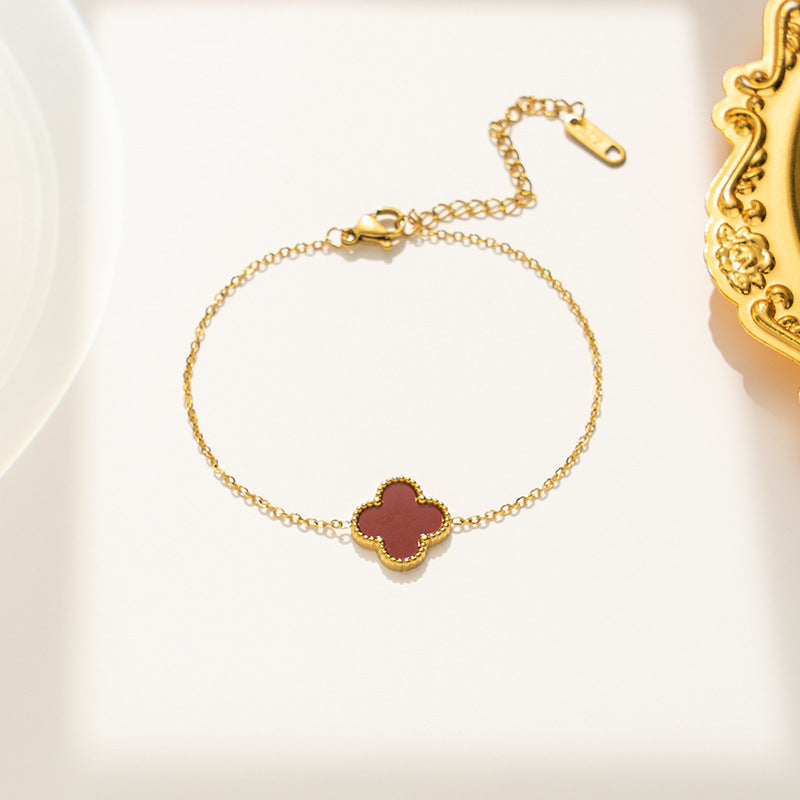 Minimalist Four-Leaf Clover Bracelet in Titanium Steel with Electroplated Finish for Women and Unisex Wear