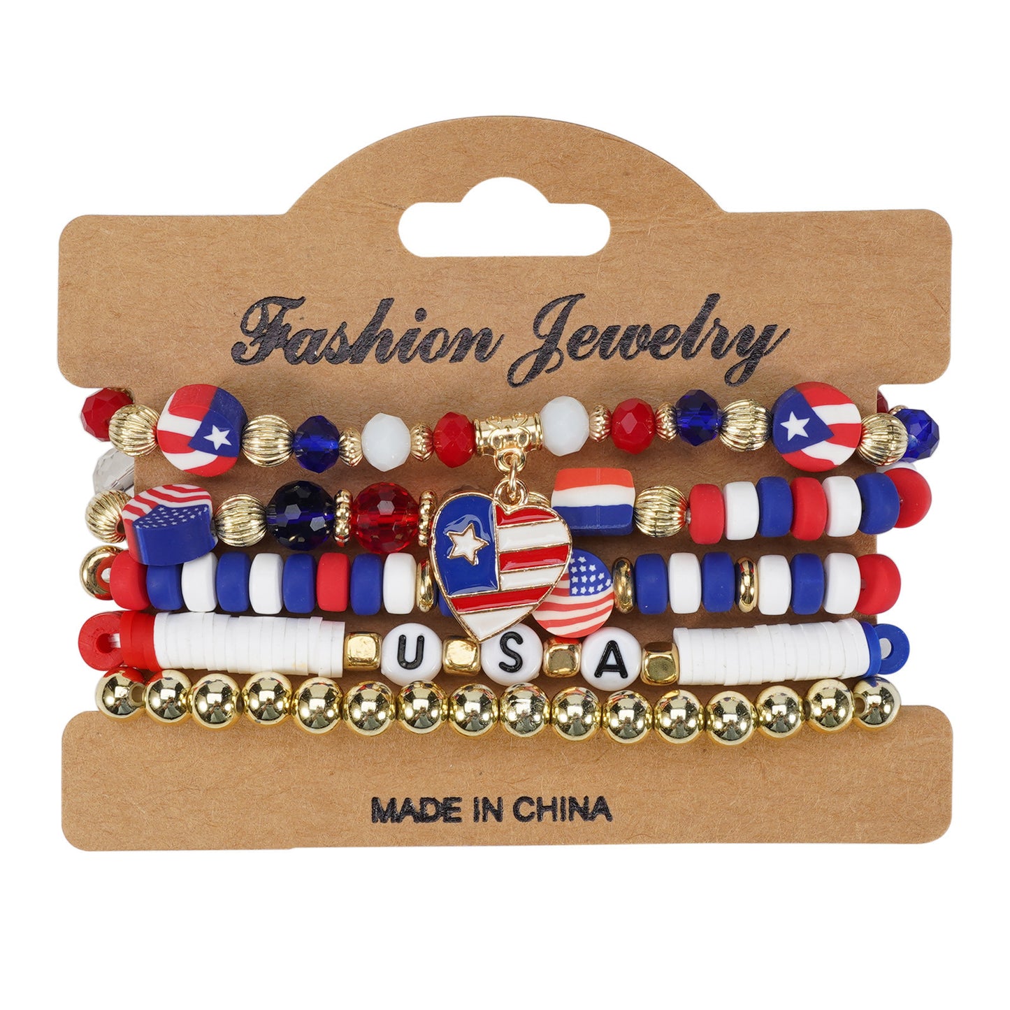 Unisex Red White Blue Resin Crystal Beaded Bracelet with Floral Pattern