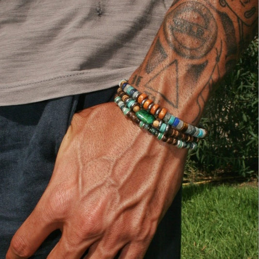 Vintage Streetwear Geometric Natural Stone and Wood Beaded Bracelet Set