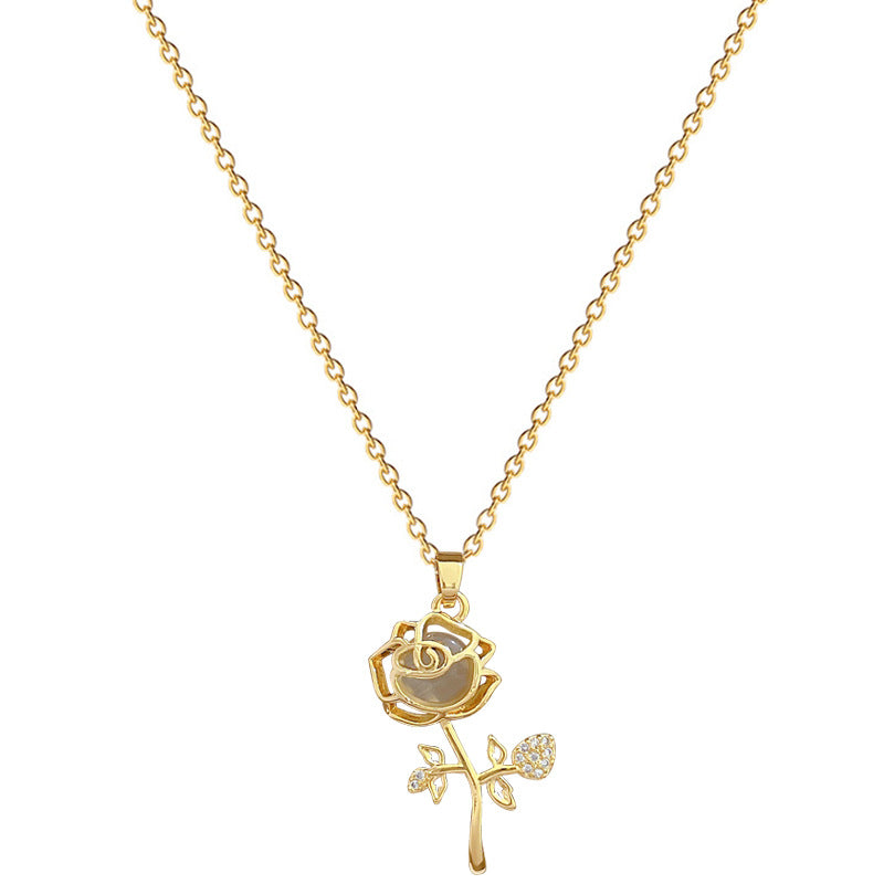 Sweet Floral Cat's Eye Rhinestone Necklace Titanium Steel Cable Chain for Women and Men