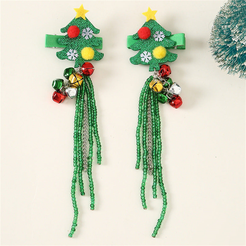 Fermaglio per capelli a forma di albero di Natale per bambini con nappe e perline di vetro in colore verde, stile festivo per le vacanze