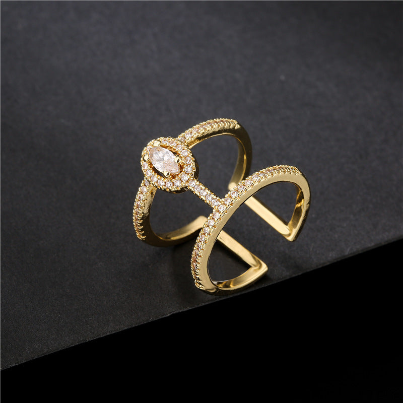 Minimalist Geometric Brass Ring with Micro-Inlaid Cubic Zirconia for Women