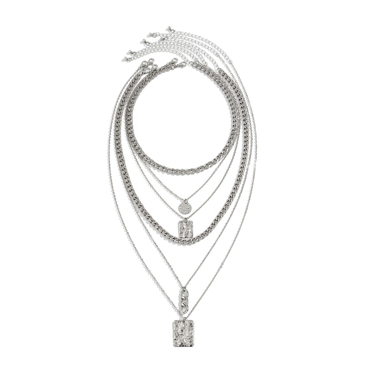 Hip-hop Geometric Square Crystal Pendant Plated Alloy Necklace Singapore Chain Layered Set for Women