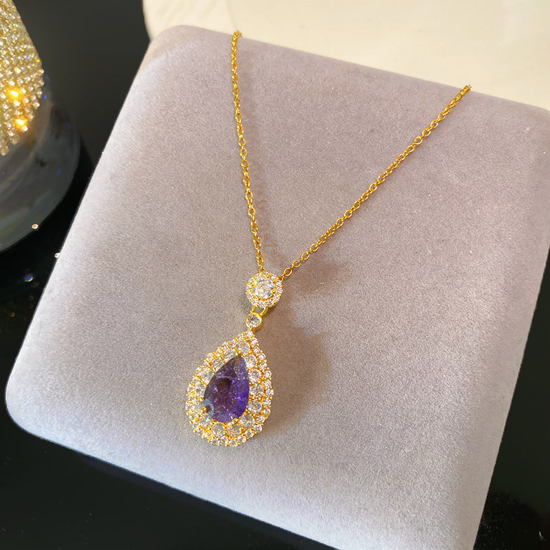 Sweet Sporty Purple Teardrop Heart Crystal Pendant Titanium Steel Necklace Cable Chain