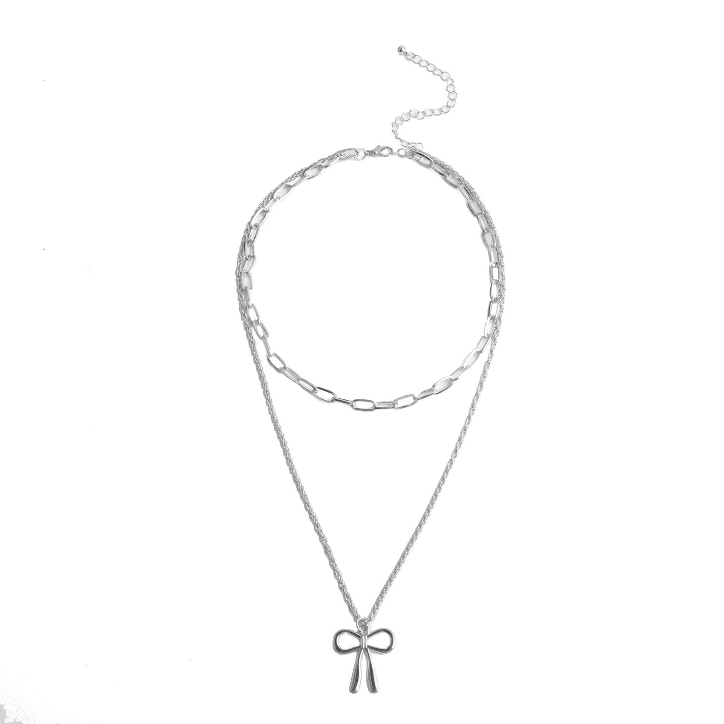 Punk Style Bow-Shaped Alloy Pendant Necklace with Plated Finish and Double-Layer Cross Chain
