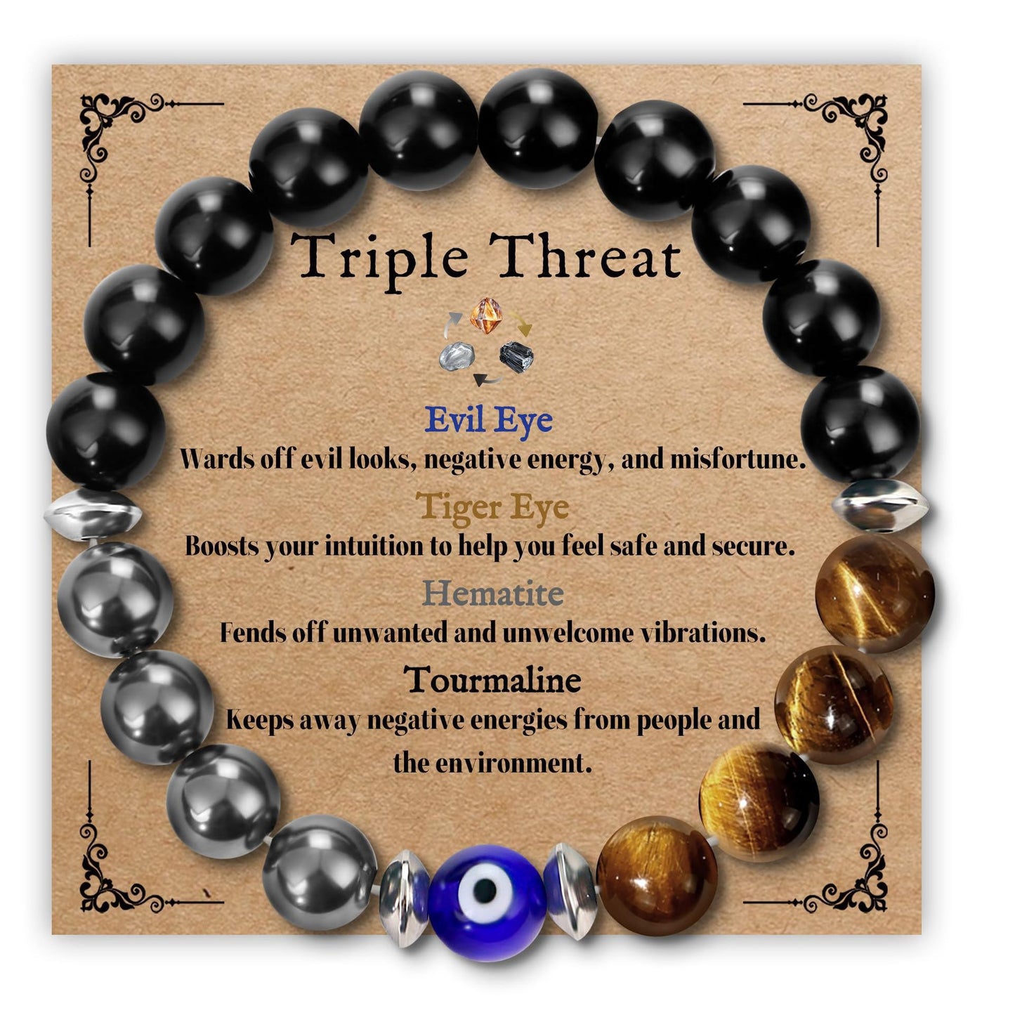 8mm Tiger's Eye and Obsidian Evil Eye Beaded Stretch Bracelet Geometric Unisex Fashion Jewelry