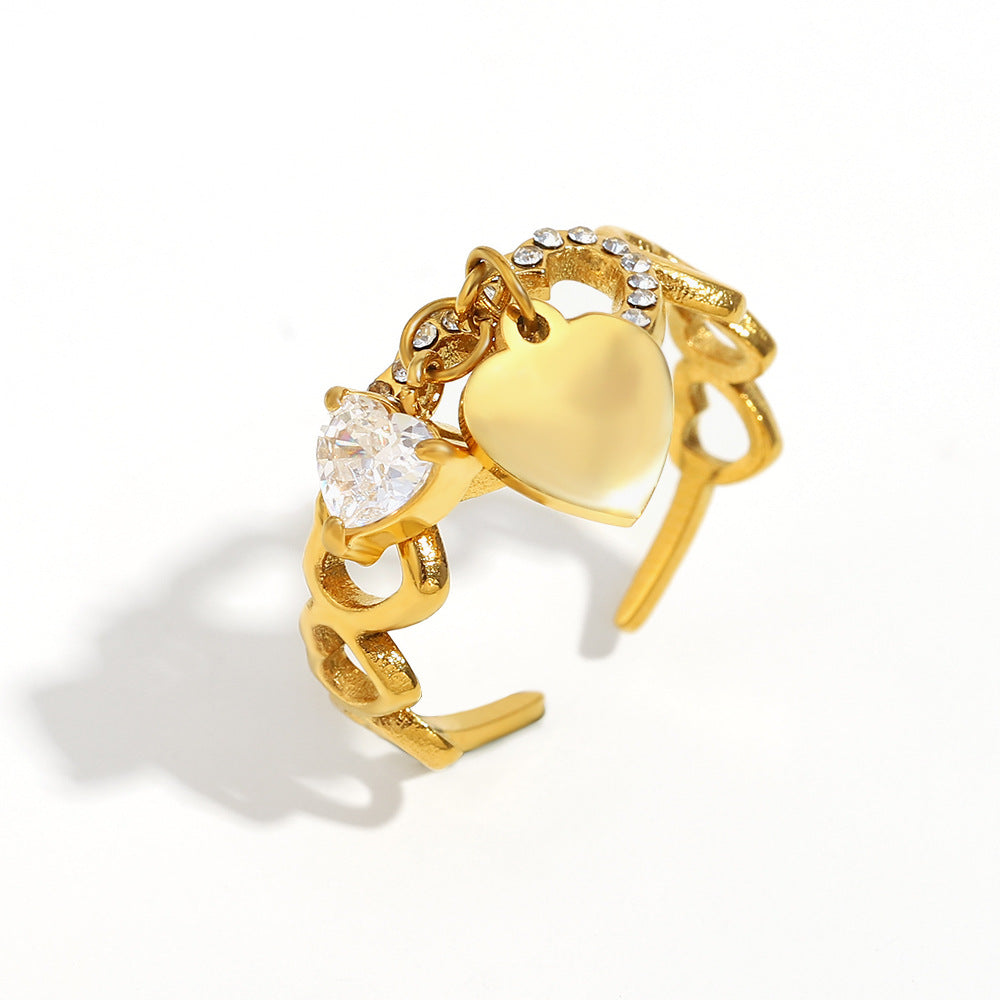 Anello Aperto da Donna alla Moda in Stile Vintage Geometrico in Acciaio Inossidabile Placcato Oro 18K con Nappa a Cuore