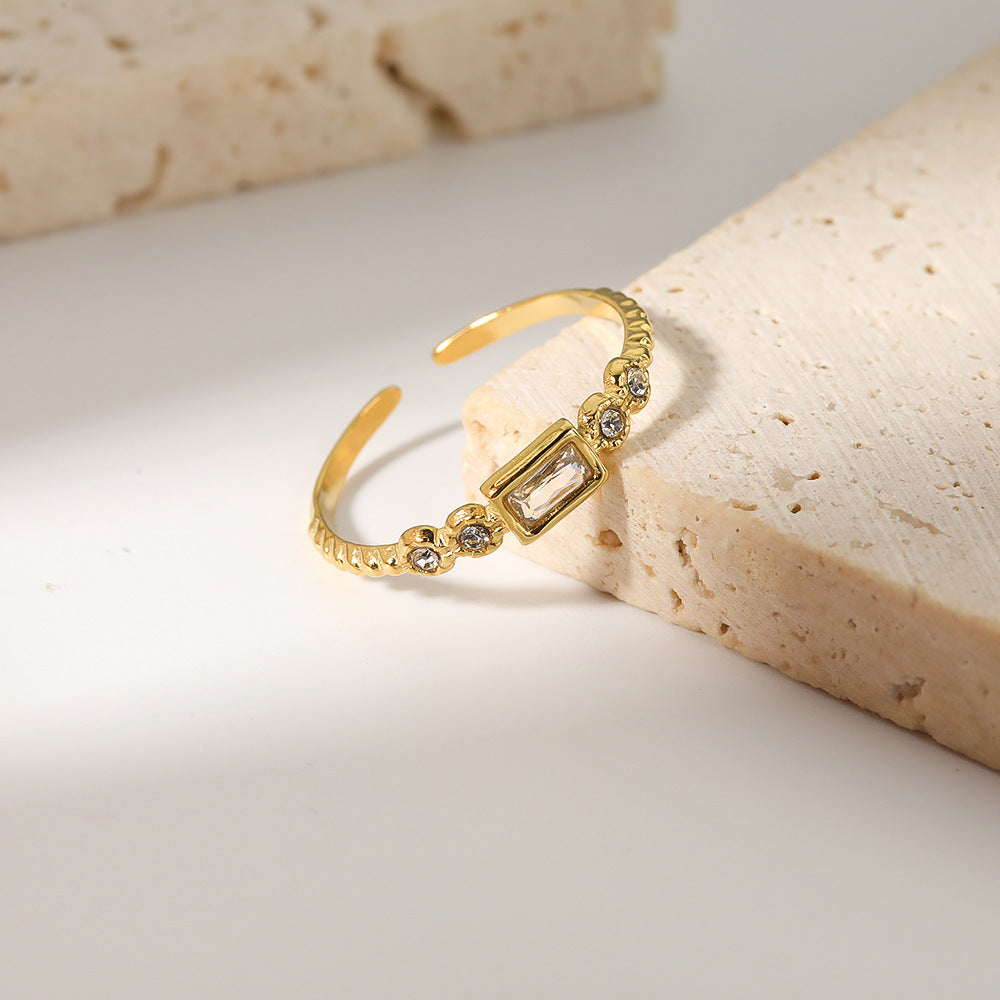 Minimalist Geometric Stainless Steel Ring with 18K Gold Plating and White Rhinestone Accents for Women