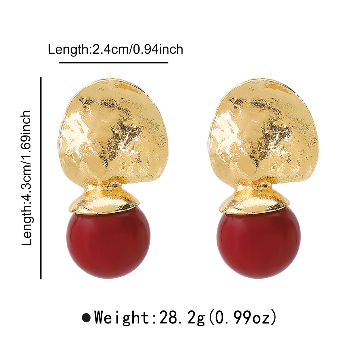 Orecchini con Texture Martellata Irregolare Geometrica in Lega con Perle Rosse da Donna