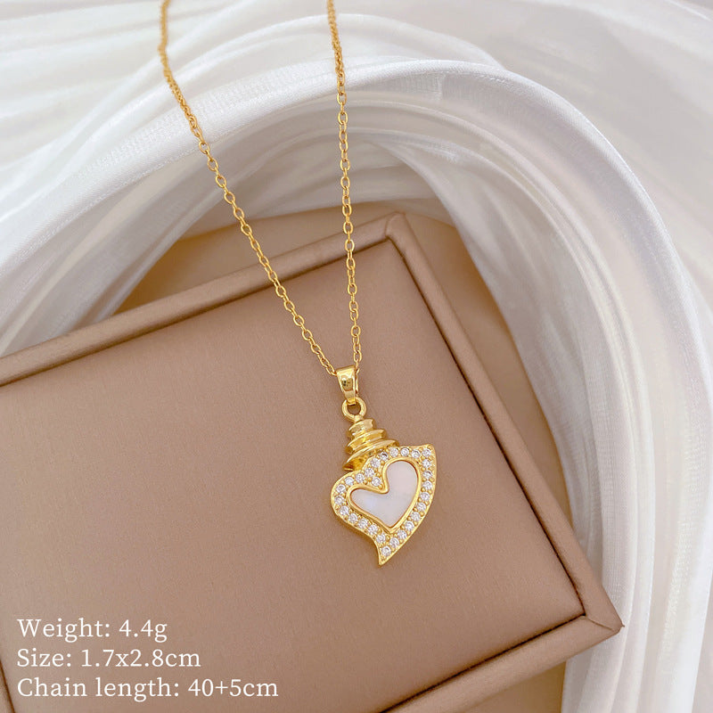 Geometric Minimalist Titanium Steel Lip Chain Necklace with Copper Pendant and Rhinestone Inlay