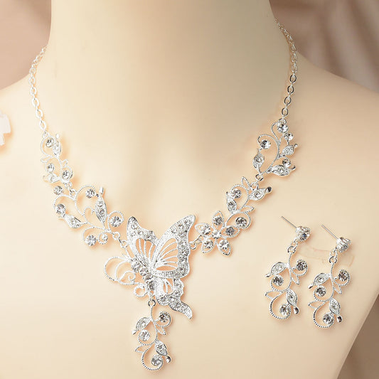 Set di collana e orecchini in lega con farfalla di strass dolce per gioielli da sposa da donna